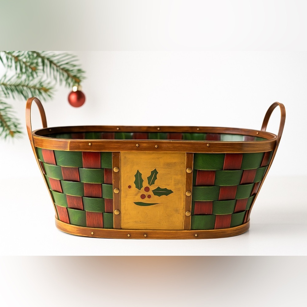 Vtg Woven Wood Holiday Basket Oval Handles Plastic Liner Metal Stamped Plate 14"
